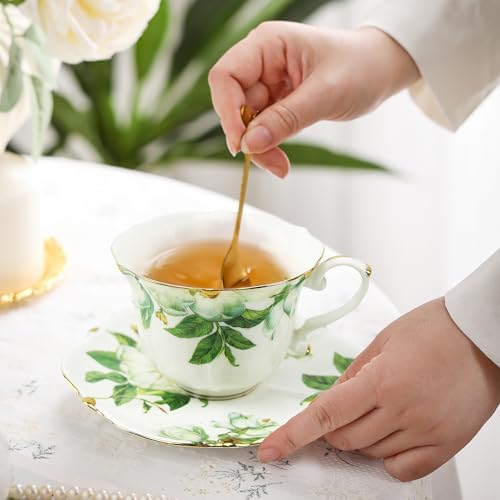 TATSUMI Country Roses Bone China Tea Cup and Saucer Set, 6 Pieces, Vintage Style, For Women and Tea Parties（Green，2 sets）