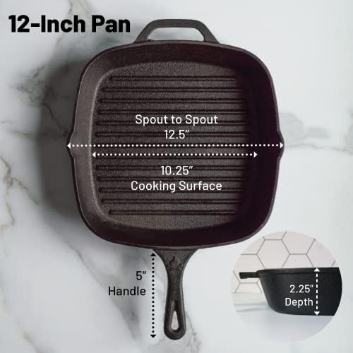 12 Inch Square Grill Pan Large Pre-Seasoned Cast Iron