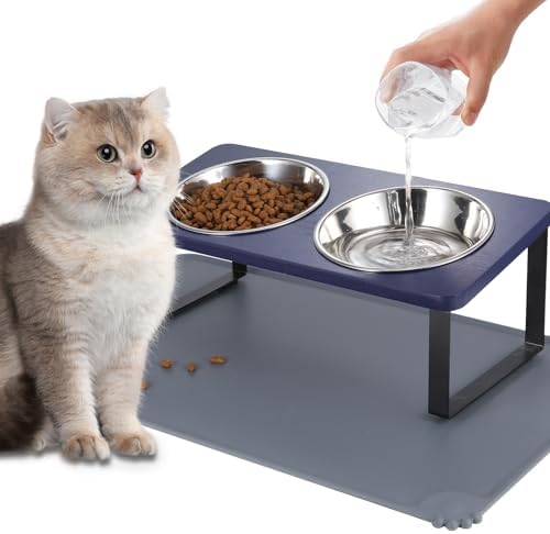 Summark Upgraded Elevated Cat Bowls with Food Mat,15°Tilted Stand Anti Vomiting Raised Cat Dishes for Food and Water,2 Stainless Steel Bowls for Cats and Puppies（Navy Blue）