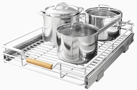 Pull out Cabinet Organizer, 12"W X 21"D, Heavy Duty Smooth Sliding Under Cabinet Shelves for Pots and Pans, Full-Extension Roll out Drawers, Slide out Organization for Home Kitchen Pantry, White