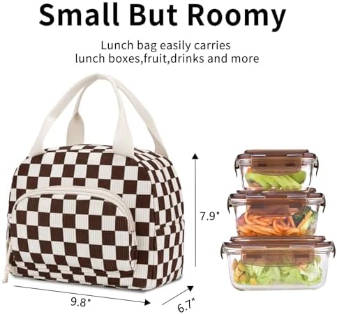 Lunch Bag Women Lunch Box for Women Adult Cute Insulated Lunch Bag Small Cooler Lunch Tote Bags for Work Picnic School (Coffee-White Plaid)