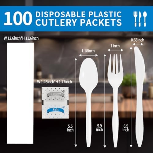 100Pack Plastic Cutlery Packets, Knife Fork Spoon Napkin Salt Pepper Sets, Individually Wrapped White Plastic Cutlery Packets for Delivery, Cafeterias, Restaurants