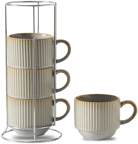 HASENSE Coffee Mug Ceramic Set of 4 with Stand - 15 oz Rustic Farmhouse Stackable Ribbed Latte Cup Set for Cappuccino, Tea, Hot Cocoa, Drinks - Dishwasher & Microwave Safe, Lavender Gray