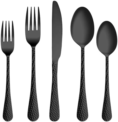 60 Pcs Black Hammered Silverware Set Service for 12,Stainless Steel Flatware Set,Mirror Polished Cutlery Utensil Set,Durable Kitchen Eating Tableware Set,Include Fork Knife Spoon Set,Dishwasher Safe