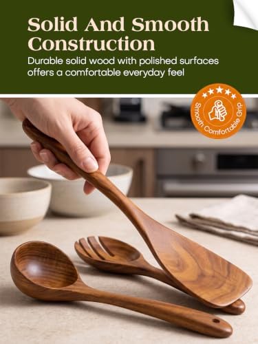 AIUHI Wood Utensils Set for Cooking, Teak Wooden Utensils Set Wood Spatula for Nonstick Cookware Kitchen Utensils Set 5