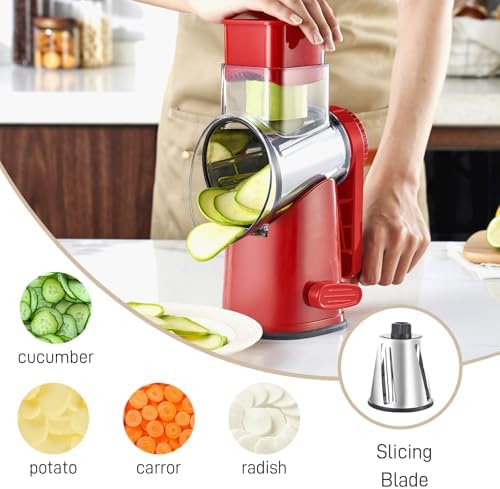Weltonhm 4 in 1 Large Rotary Cheese Grater Hand Crank (red, 3 Graters)