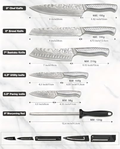 MOSFiATA Kitchen Knife Set 7 PCS with Foldable Roll Bag, Pro Stainless Steel 5Cr13MoV Ultra Sharp Santoku Knives with Honing Rod, Dishwasher Safe butcher Knife Set for Cooking Outdoor Travel