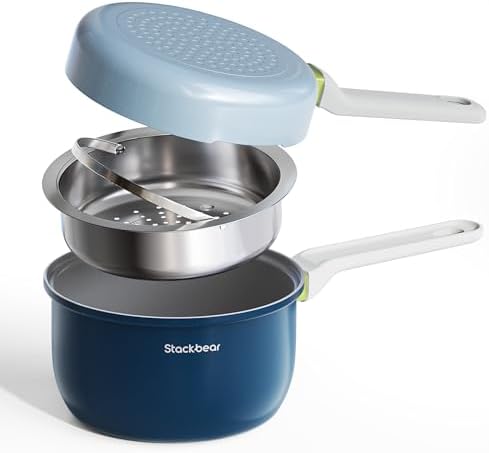 Ceramic Non Stick Cookware Set, 2.5QT Saucepan, 7" Egg Omelette Pan & 18/10 Stainless Steel Steamer, Induction Ready Frying & Sauce Pan Set, PTFE, PFOA & PFAS Free, Mix Blue