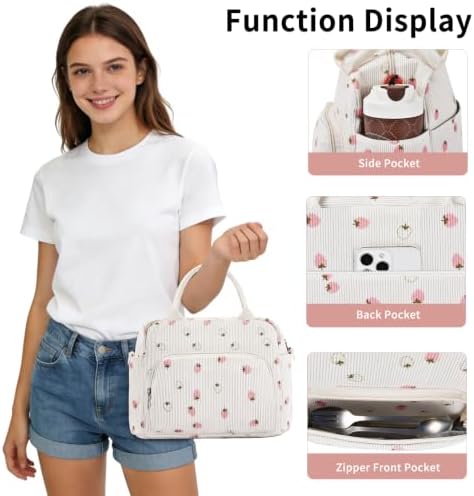 GASSDA Lunch Box for Women Insulated Lunch Bag Women Adult Cute Lunch Bags Reusable Lunchbox Cooler Tote Bag for Work Picnic (Beige-Light Strawberry)