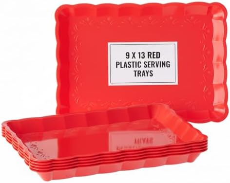 6 Pack Red Plastic Serving Trays for Party, 9 x 13 Inch - Heavy Duty Plastic Trays for Food - Rectangular Party Serving Trays and Platters - Red Disposable Trays
