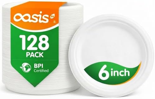6 Inch Paper Plates 128 Pack, Small Dessert Plates Disposable, Heavy Duty Compostable Sugarcane Bagasse Plates for Cake, Snacks, Kids Meals & Parties, White
