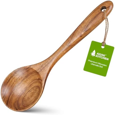 AIUHI Wooden Mixing Spoon, Teak Wooden Spoon for Cooking, Serving & Mixing, Non-Stick Safe Wooden Cooking Spoon, Essential Wooden Utensil for Kitchen
