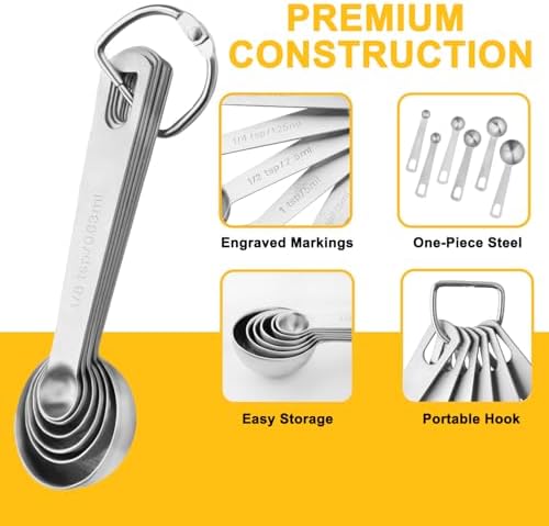 Stainless Steel Measuring Spoons Set, 6 Piece Metal Measuring Spoon Set for Dry & Liquid Ingredients, Heavy Duty 18/8 Steel with Engraved US & Metric Marks, Nesting Kitchen Spoons for Cooking Baking