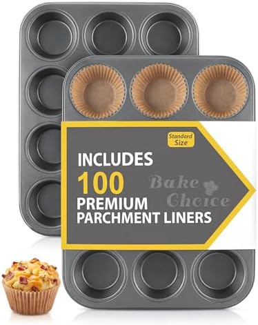 Bake Choice 2 Muffin Pan for Baking, Standard Cupcake Pan with 100 Liners