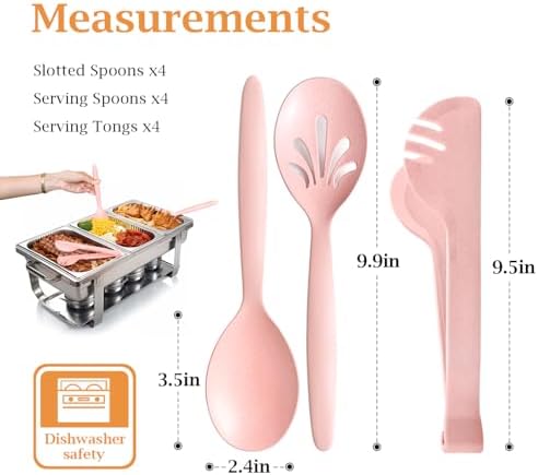 Reusable Plastic Serving Utensils Set of 12, Wheat straw Large Serving set 10" Serving Spoons/10" Slotted Spoons/9.4" Tongs, for Party Buffet Catering (Pink, Not for Cooking)