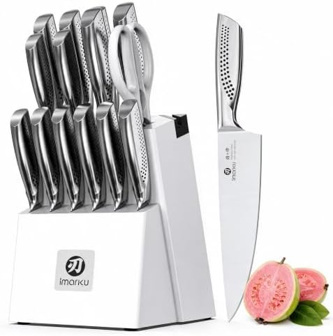 imarku 15PCS White Knife Set, High Carbon Stainless Steel with Sharpener
