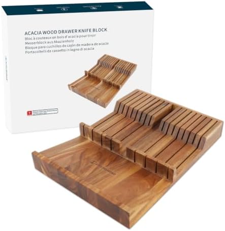 KITCHENDAO Acacia Wood In-Drawer Knife Block for 16 Knives & Sharpening Rod