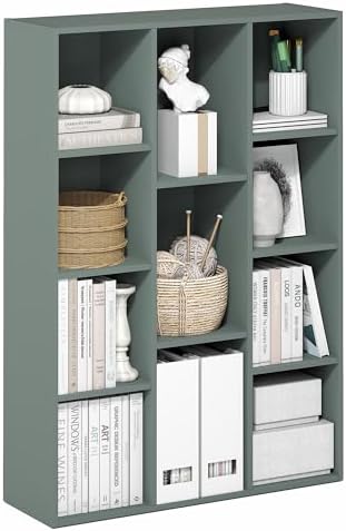 Furinno LUDER Book Shelf, 11-Cube Bookshelf, Reversible Bookcase, 9.4 x 29.1 x 41.7, Easy Assembly, for Living Room, Bedroom, Home Office, Sage Green