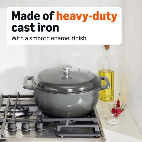 Amazon Basics Enameled Cast Iron Dutch Oven Pot with Lid, Round, Dual Handles, Heavy-Duty, Oven Safe for Stews, Roasting, Baking,6-Quart, Gray
