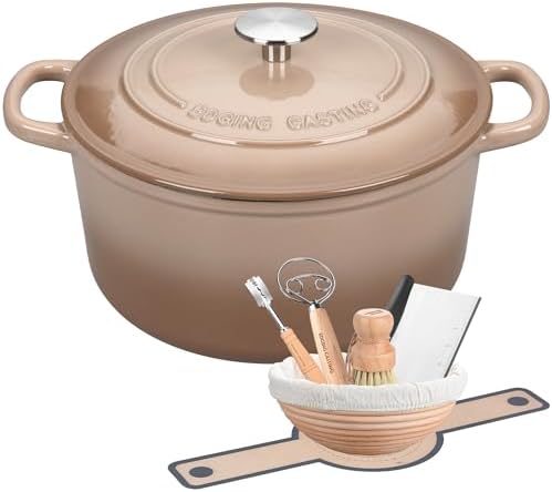 EDGING CASTING Enameled Cast Iron Dutch Oven with Sourdough Bread Baking Kit, Bread Dutch Oven with Lid, Includes Proofing Basket & Baking Tools, 5qt, Mocha