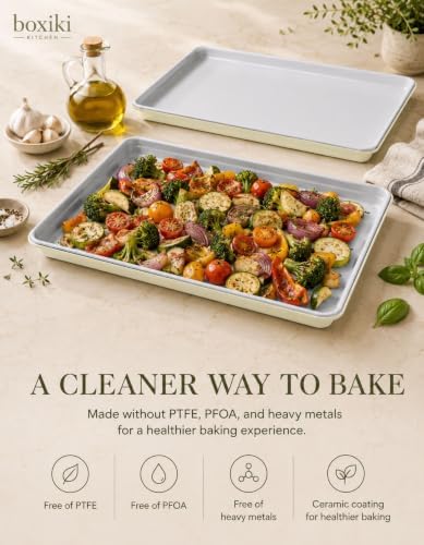 Boxiki Kitchen Ceramic Baking Sheet Half Size 17"x11" - Heavy Duty 0.6mm Aluminized Steel Pan, KFCC Ceramic Nonstick Cookie Sheet, Oven Safe to 550°F, Rustproof & Warp Resistant Baking Tray (2PCS)