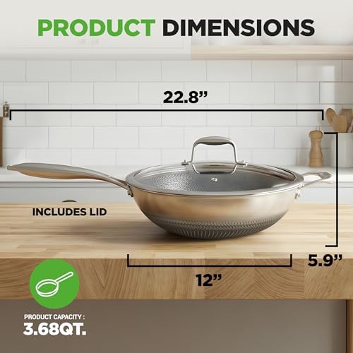 NutriChef 12" Stainless Steel Wok - Induction ready, Non Stick Tri-ply technology, Scratch-resistant Honeycomb Fire Textured Pattern