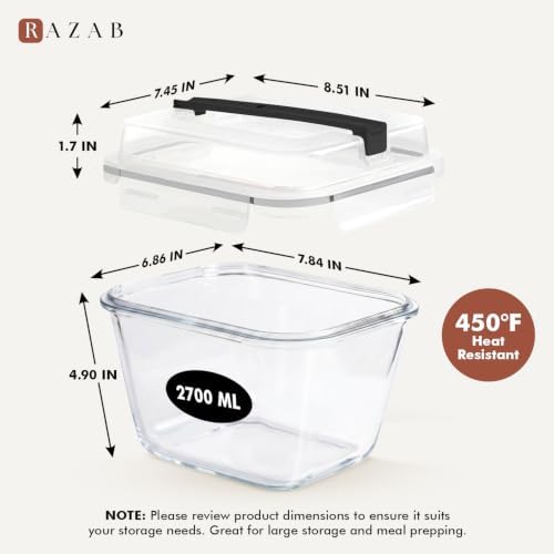 Razab 2700ml / 91oz / 11.5 Cups Large Glass Food Storage Container with Lid - Leakproof Glass Meal Prep Container for Roasting & Storing Leftovers, Glass Lunch Container, Microwave & Oven Safe
