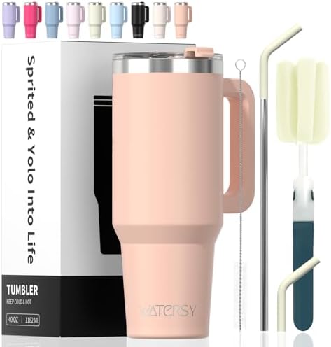40 oz Tumbler with Handle,Tumbler with Lid and Straw,Double Wall Insulated Cup Stainless Steel Travel Mug(Cold for 34 Hours),Water Bottle for Iced Tea,Coffee,Cold Beverages(Pink)