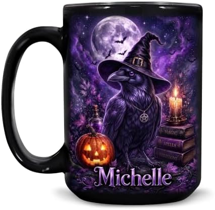 Hyturtle Personalized Halloween Raven Mug, Custom Name Gift for Women