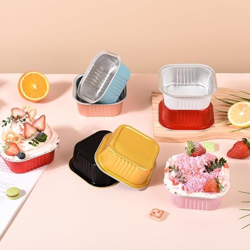 100 Pcs Mini Cake Pans with Lids, 10oz Square Aluminum Foil Brownie Baking Cups, Dessert Cupcake Cups with lids, Disposable Loaf Pans Cupcake for Wedding Birthday Party (White)
