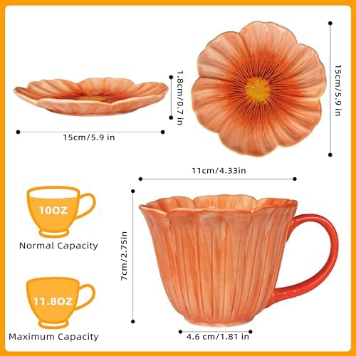 10 oz Tea Cups and Saucers, Ceramic Flower-shaped Cappuccino Cup, Latte Cup and Saucer set, elegant floral Espresso Cup set, Suitable for microwave and dishwasher-Orange