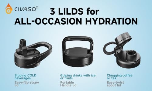 CIVAGO 40 oz Insulated Stainless Steel Water Bottle With Straw and 3 Lids