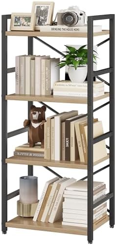 Bookshelf, Kid's Bookshelf, 4 Tier Small Bookcase, Metal Small Bookcase, Book Shelf Organization and Storage for Living Room, Bedroom, and Home Office (Light Coffee)
