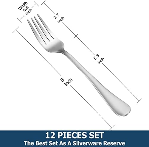 12 Piece Dinner Forks Set, Food-Grade Stainless Steel Silverware Forks, Cutlery Fork, Metal Fork for Home, Kitchen or Restaurant, Mirror Polished, Dishwasher Safe - 8 Inch
