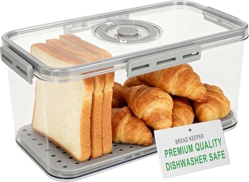 Tiawudi Plastic Bread Box for Kitchen Countertop, Airtight Bread Storage Container for Homemade Bread, Toast, Loaf, Bagel, Donut and Cookies, Time Recording Bread Keeper, Dishwasher Safe