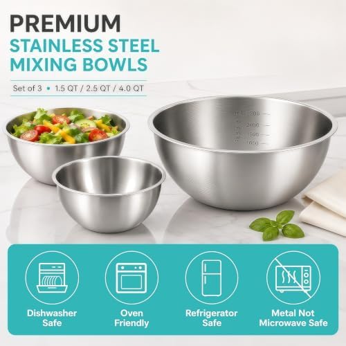 Stainless Steel Mixing Bowls Set of 3, 1.5/2.5/4 Qt, Nesting Bowls