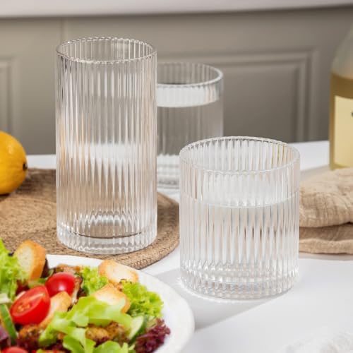 Ribbed Drinking Glasses 8pcs, 12oz and 10oz Glassware, Tumbler Glasses Cup Set for Wedding, Party, Christmas Gift, Clear