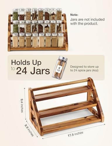 Tinamo Acacia Wood Spice Rack for Countertop, 3-Tier Design, Holds 24 Jars