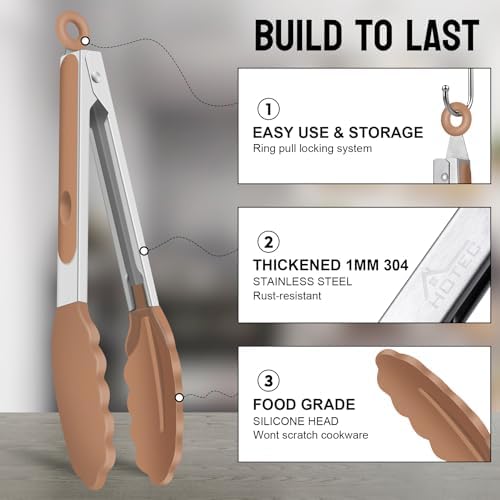 HOTEC Premium Stainless Steel Locking Kitchen Tongs with Silicon Tips, Set of 3-7", 9" and 12" (Neutral Color)