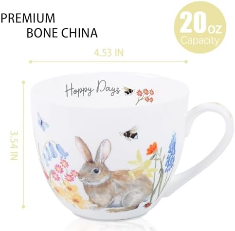 20 oz Bunny Coffee Mug with Spring Flowers & Happy Days Slogan, Premium Bone China Rabbit Coffee Cup, Cute Garden Gift for Women, Family&Friends, Designed in England by Harvest Green Studio