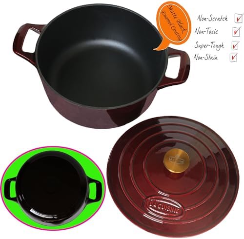 La Cuisine Enameled Cast Iron Dutch Oven Casserole Pot with Golden handle for Lid, Internal Matte Black Enamel Coating 2.1QT 10.5" / 20cm Ø, Oven-Safe 550°F/276°C Cranberry
