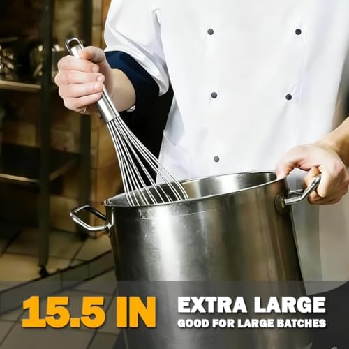 18/10 Stainless Steel Large Whisk, 15.5 inch Heavy Duty Long Whisk Suitable for Deep Pots or Big Bowl, Mixing, Beating, Blending