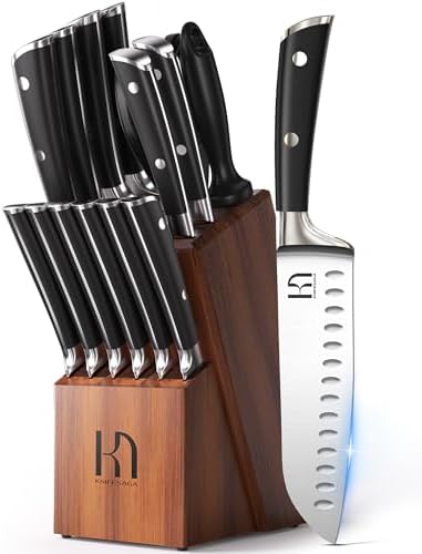 KnifeSaga 15 Pcs Japanese Knife Set with Sharpener, Razor Sharp, Premuim