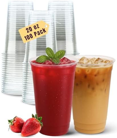 Aatriet 100 Pack 20 oz Clear Plastic Cups, 20oz Clear Disposable Punch Cups Wine Glasses, Sturdy Recylable Drinking Cup for Wedding Party, Cocktail Cup, Plastic Tumblers for Cold Drinks