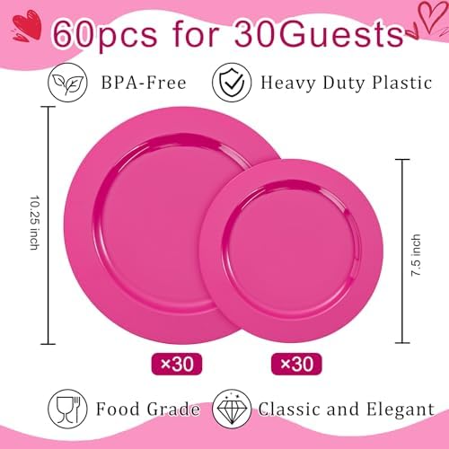 FLOWERCAT 60PCS Hot Pink Disposable Party Plates Set – 30 pcs 10.25″ Dinner Plates & 30 pcs 7.5″ Dessert Plates for Spring Parties, Valentine’s Day, Wedding – Sturdy & Stylish Tableware