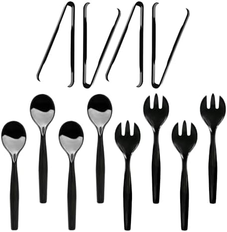 Party Essentials Disposable Heavy Duty Plastic Serving Utensils for Buffets Events Parties, 4-Sets of Spoons/Forks/Tongs, Black