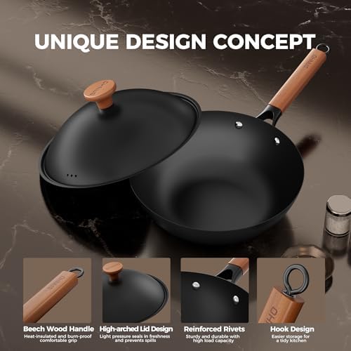 Sanho 12 Inch Carbon Steel Wok Pan, 4QT Woks & Stir-Fry Pans Nonstick with Lid, No Seasoning Required & 0 Coating, Compatible with All Cooktops & Utensils for Stir Fry, Pan-Fry, Steam, Camping