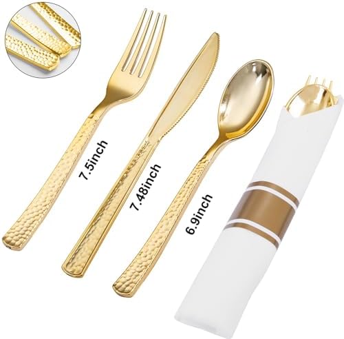 400PCS Gold Wrapped Silverware Set Disposable Hammered for Weddings