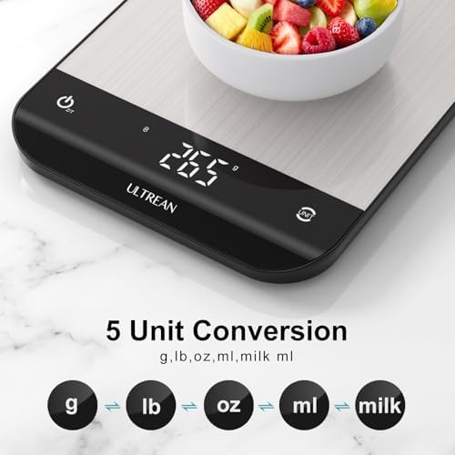 Ultrean Smart Food Kitchen Scale with Nutritional Calculator, App for Macro & Calorie Tracking, AI Scan, Digital Grams and Ounces for Weight Loss, Rechargeable, Stainless Steel, 33lb /15kg