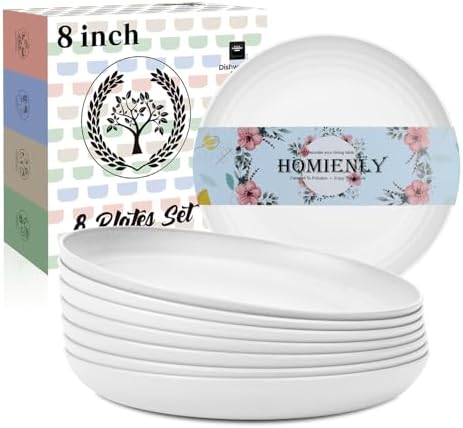 Homienly Wheat Straw Plates, 8 Inch Dessert Plates Set of 8, Unbreakable White Round Plate - Alternative to Plastic Plates, Lightweight Microwave and Dishwasher Safe Plate Set for Camping - White